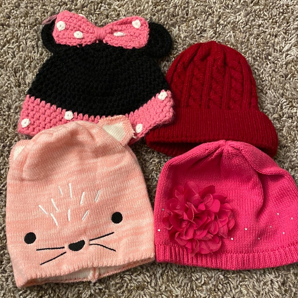 Girls winter hat bundle, minnie mouse, pink flower, cat and red